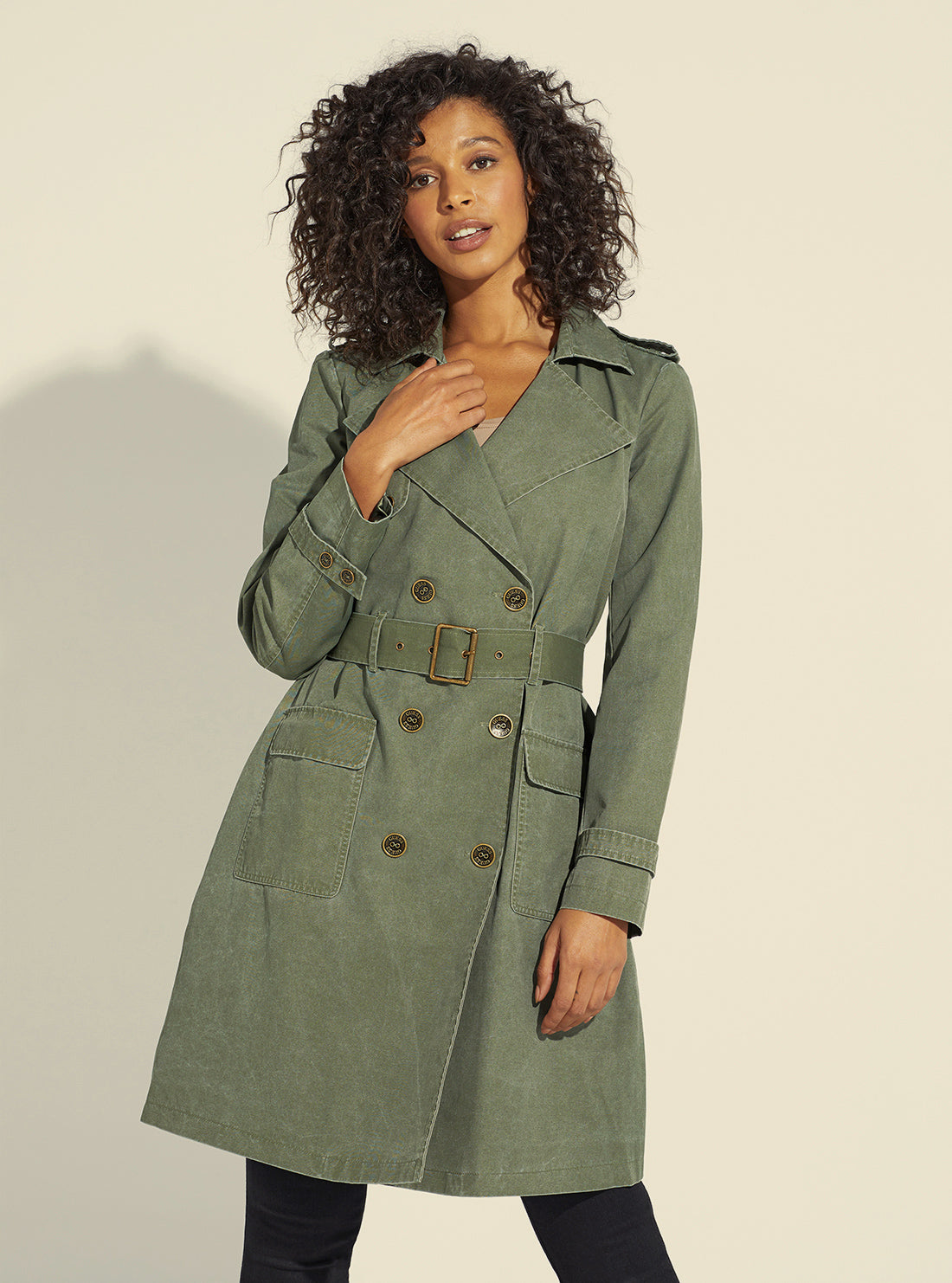 GUESS Women's Leaf Green Prisca Trench Coat W2YL12WE4F0 Front View