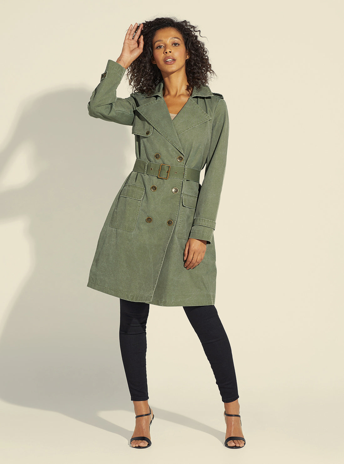 GUESS Women's Leaf Green Prisca Trench Coat W2YL12WE4F0 Full View