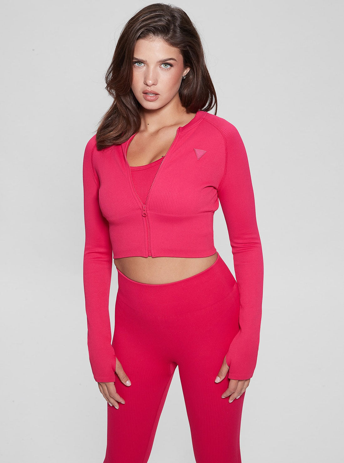 GUESS Women's Pink Rib Seamless Active Crop Top V2BP15ZZ04V Front View