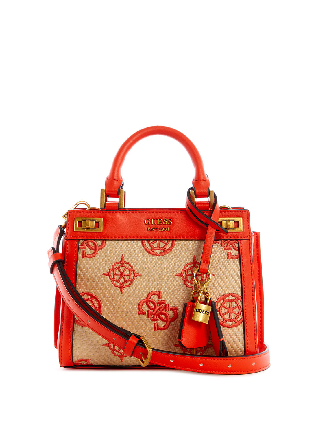 GUESS Women's Red Katey Mini Raffia Satchel Bag RB787073 Front View