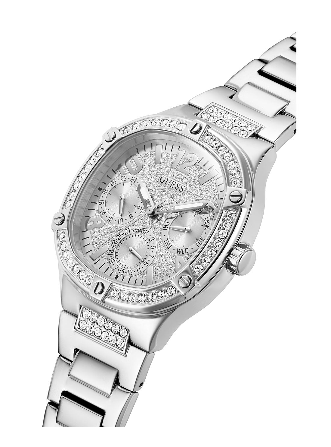 GUESS Women's Silver Duchess Crystal Glitz Watch GW0558L1 Angle View