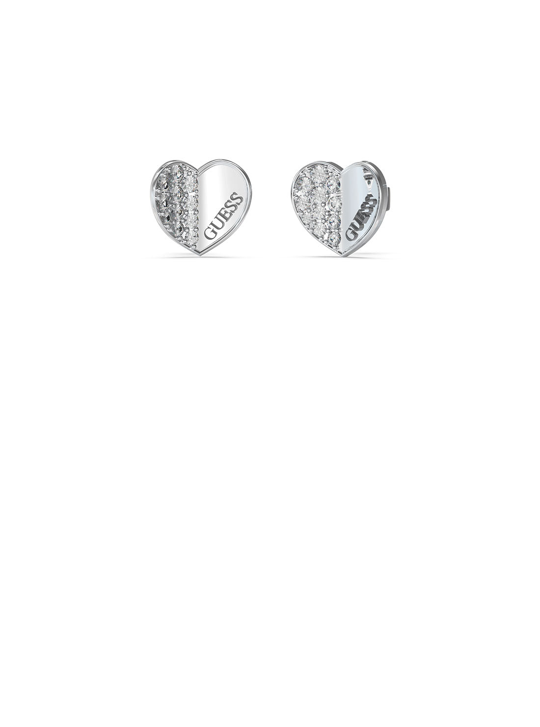 GUESS Women's Silver Glitz Heart Logo Stud Earrings JUBE03038JWRHT-U Front View