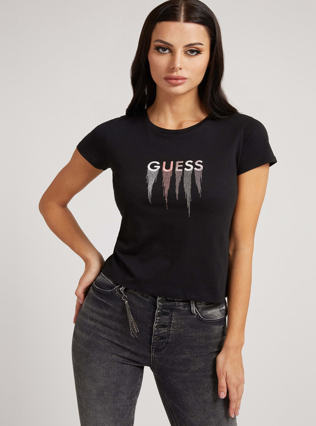 GUESS Womens Eco Black Waterfall Logo Baby T-Shirt W2RI0660071 Front View