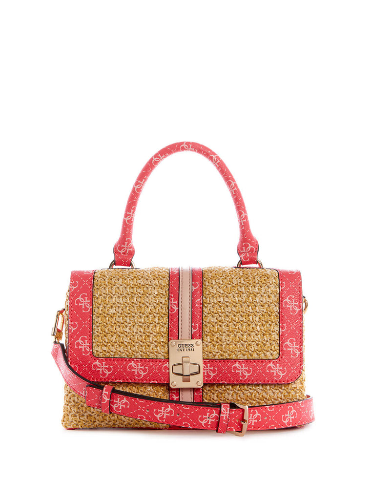 Pink Multi Logo Kasinta Raffia Satchel Bag - GUESS