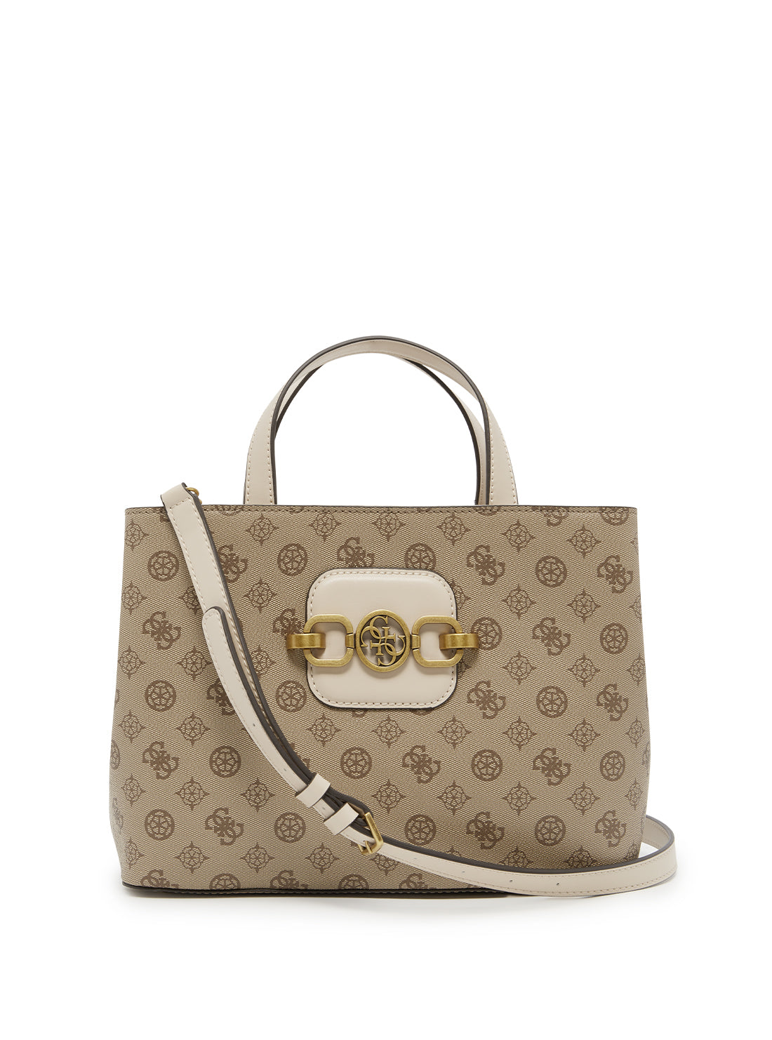 GUESS Womens  Beige Multi Print Hensely Logo Girlfriend Satchel  BB837807 Front View