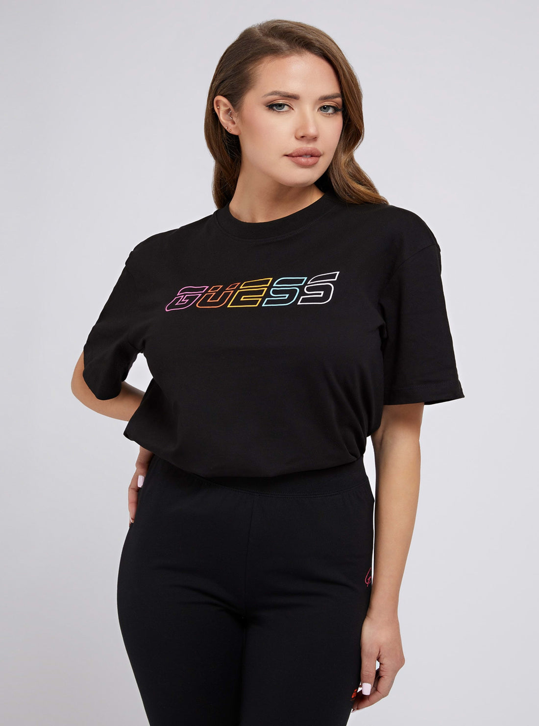 GUESS Womens  Eco Black Essie Logo Active T-Shirt V2RI02I3Z11 Front View
