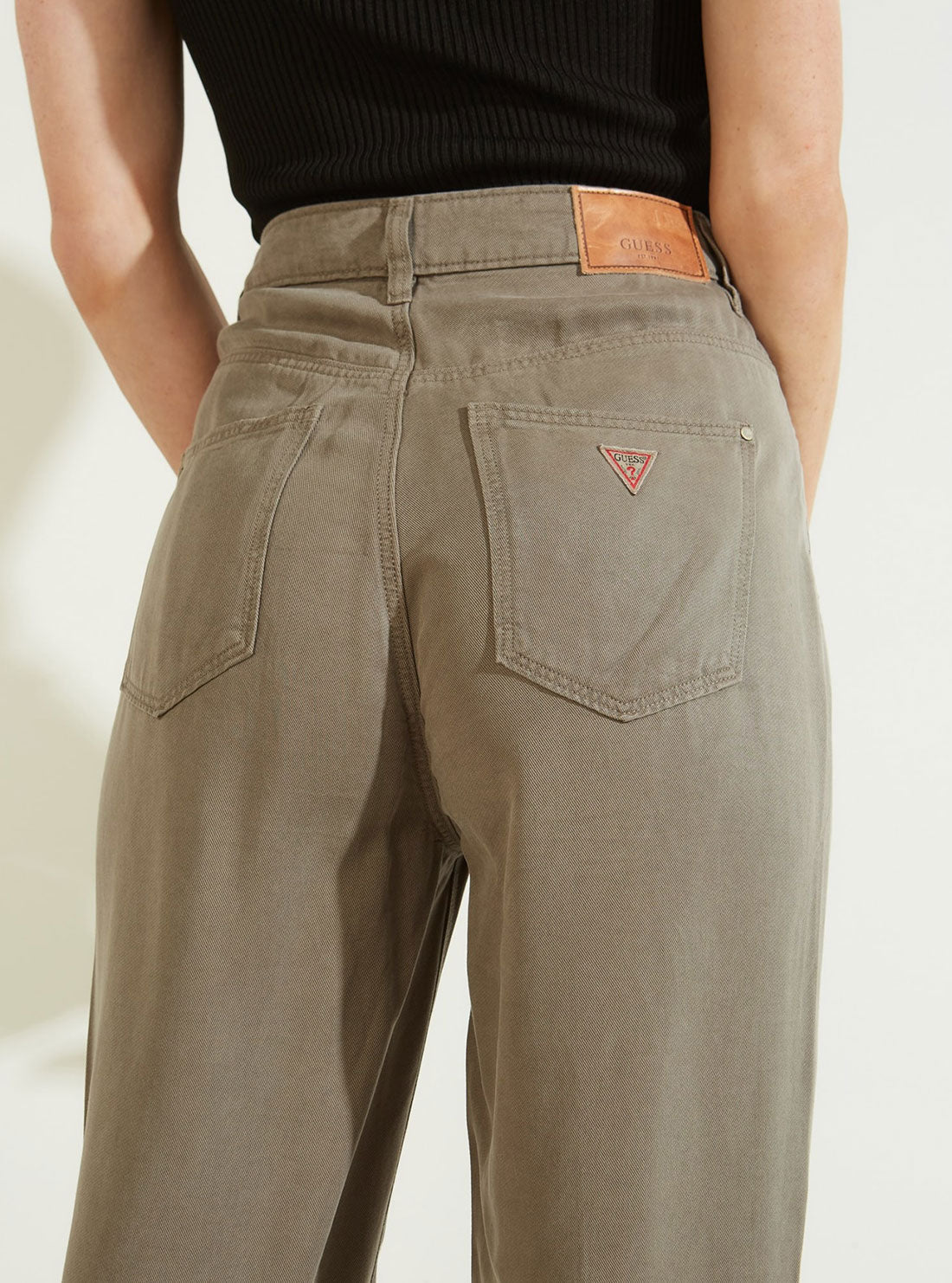 GUESS Womens Eco High-Rise Straight Leg Denim Mom Jeans in Green Khaki W2GA21WDP85 Back Detail View