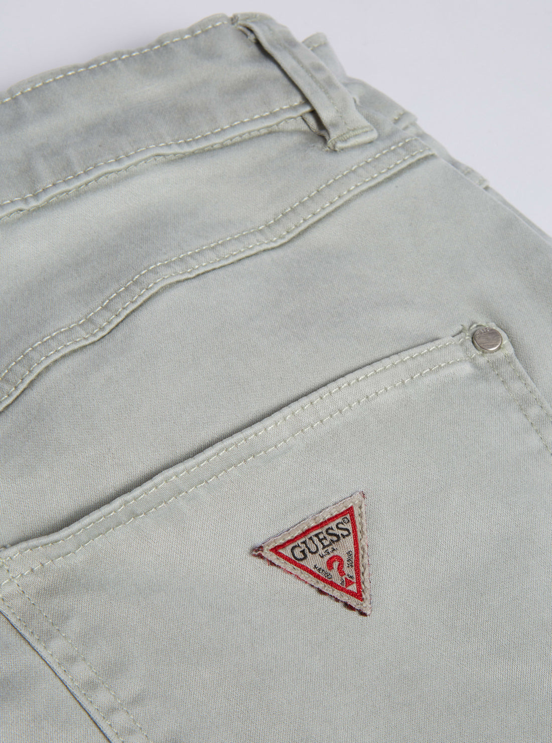 GUESS Womens High-Rise 1981 Satin Skinny Denim Jeans In Light Khaki  W2RA46W93CE Back Detail View