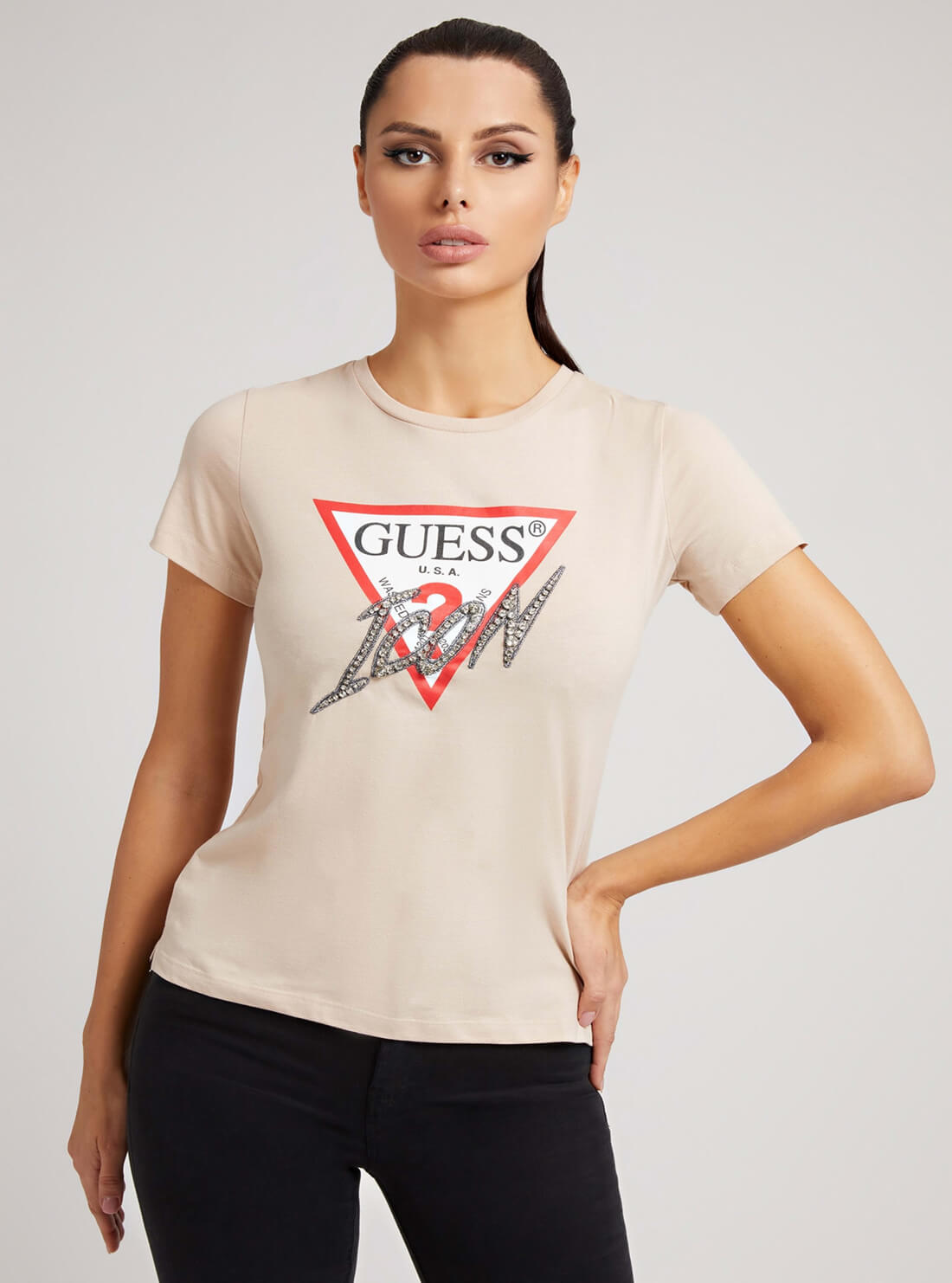 GUESS Womens Eco Beige Icon Logo T-Shirt W2GI02I3Z11 Front View