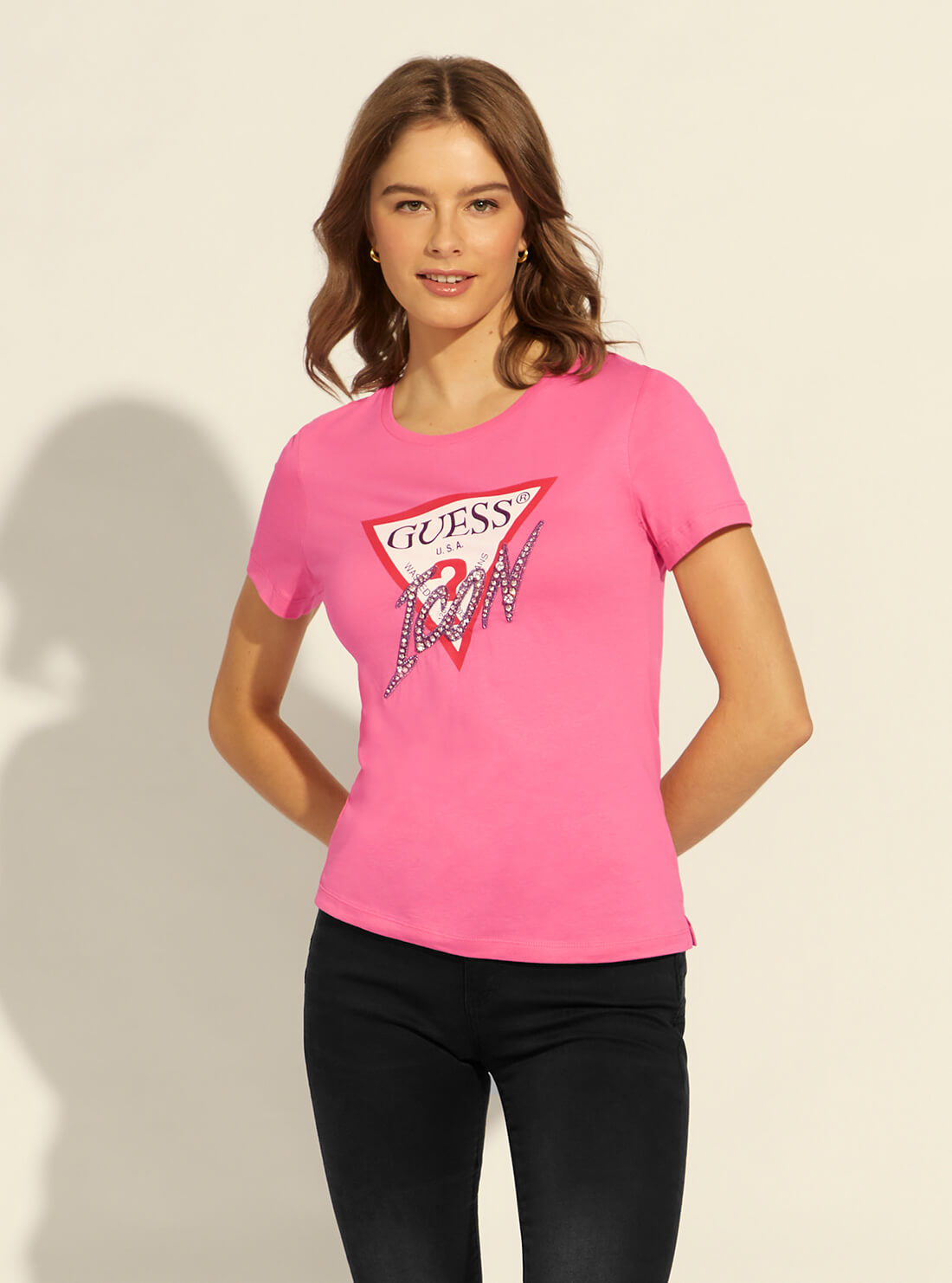 GUESS Womens Eco Pink Icon Logo T-Shirt W2GI02I3Z11 Front View
