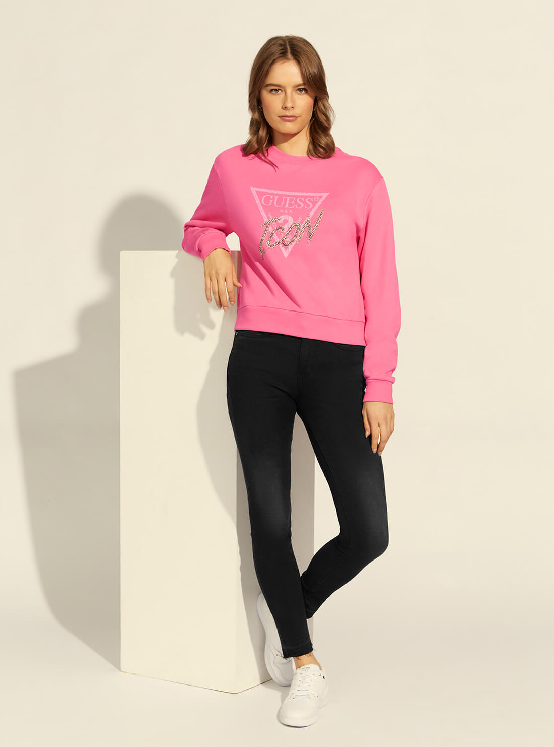 GUESS Womens Pink Guess Icon Logo Jumper W2RQ20K68I0 Model Full View