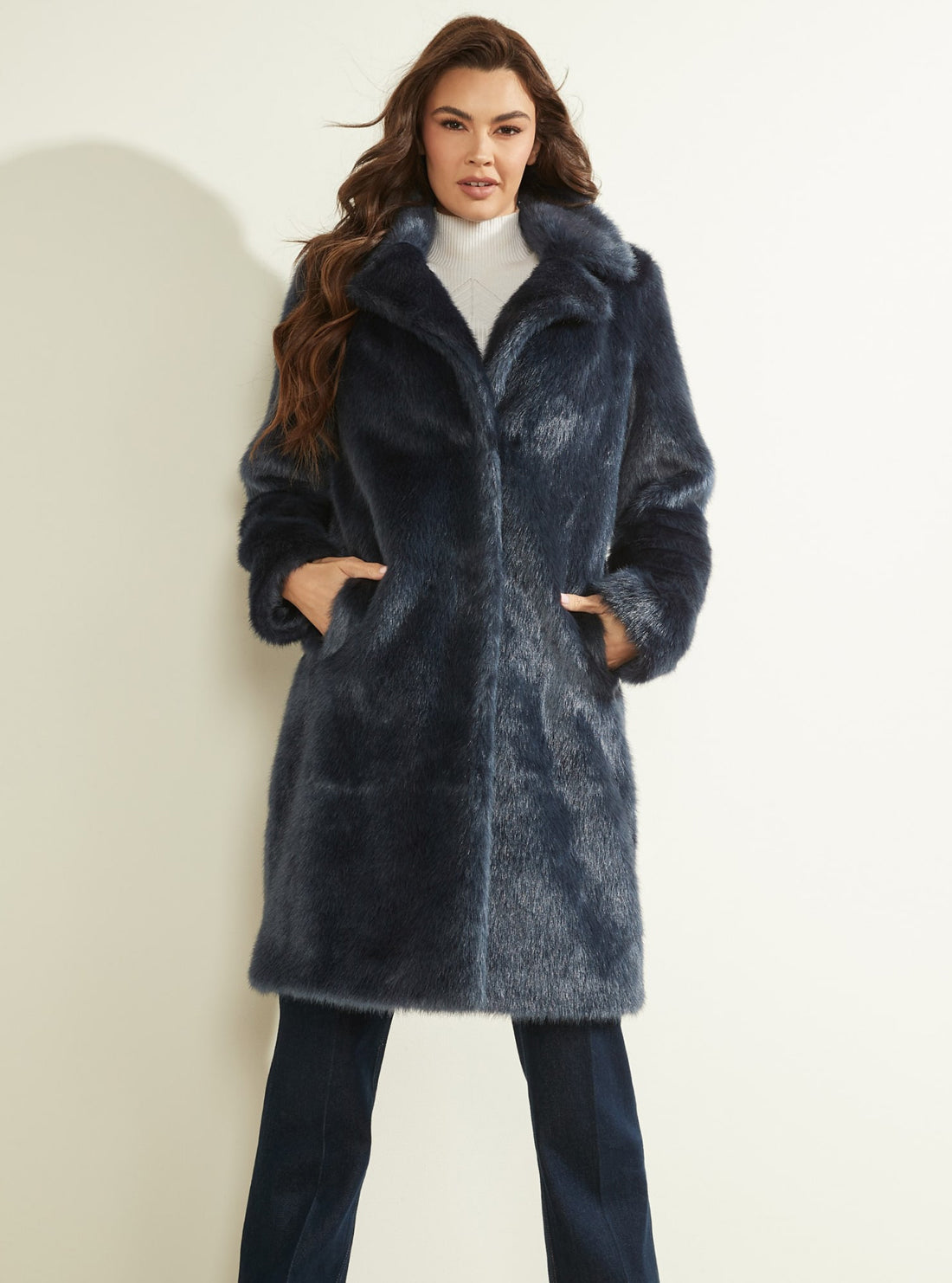 GUESS Womens Secret Blue Marisol Faux-Fur Coat W2RL22WEGC0 Model Front View