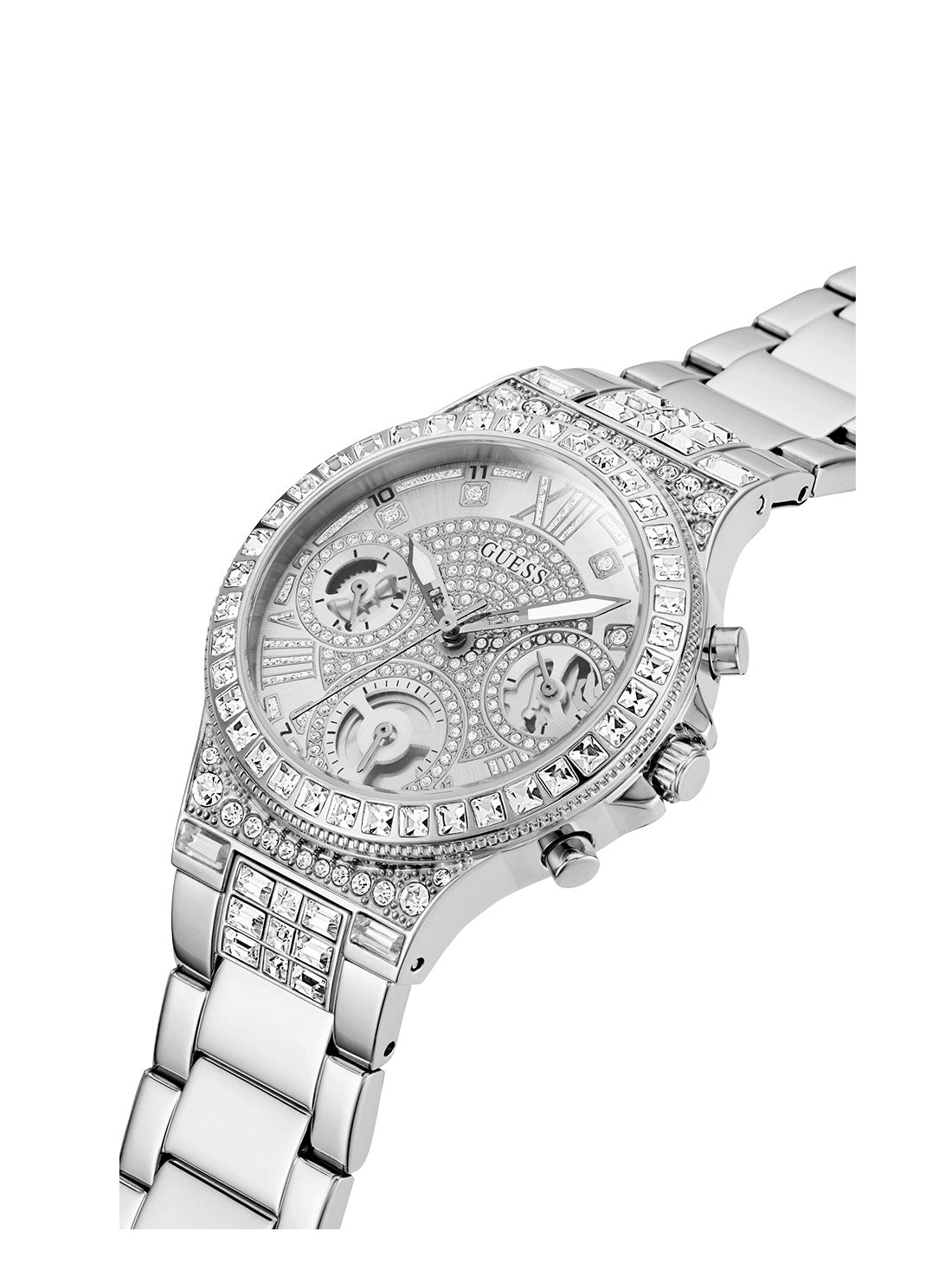 GUESS Womens Silver Crystal Moonlight Watch GW0320L1 Angle View