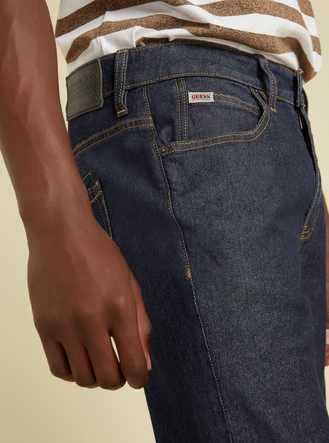GUESS Mens GUESS Originals Mid-Rise Slim Straight Denim Jeans In Dark Rinse M1BG33D49T1 Side Detail View