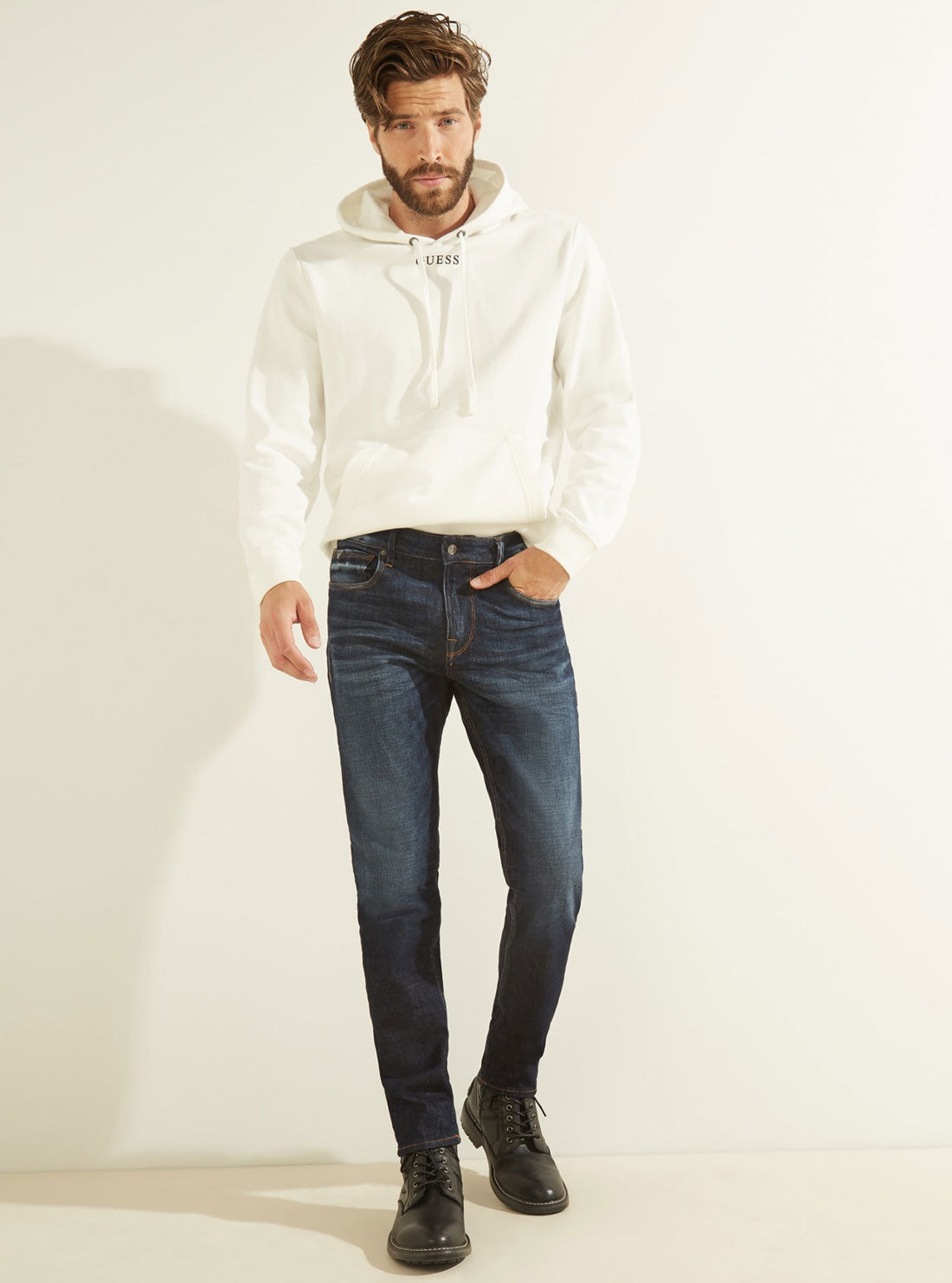 GUESS Mens Mid-Rise Athletic Tapered Denim Jean in Nightshade Wash    MBGAR53041B Full View