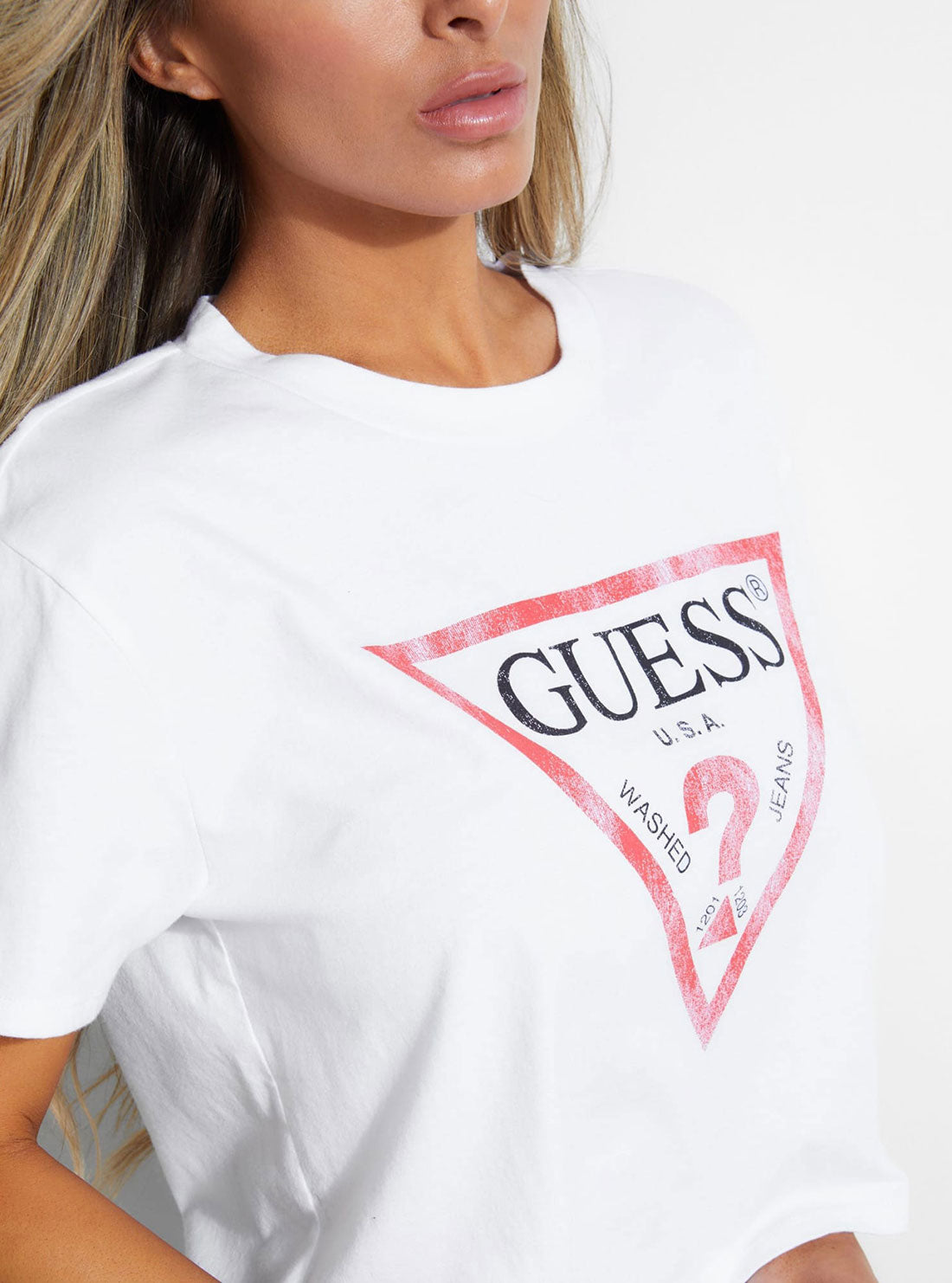 GUESS Womens Eco White Cropped Logo T-Shirt W93I0PR91U0 Detail View