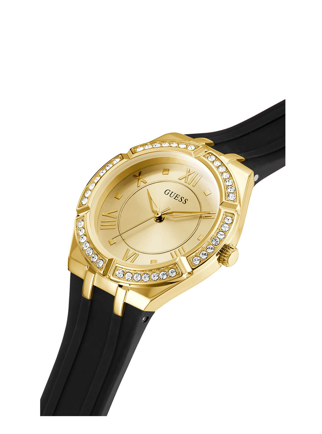 GUESS Women's Black and Gold Cosmo Watch GW0034L1 Angle View