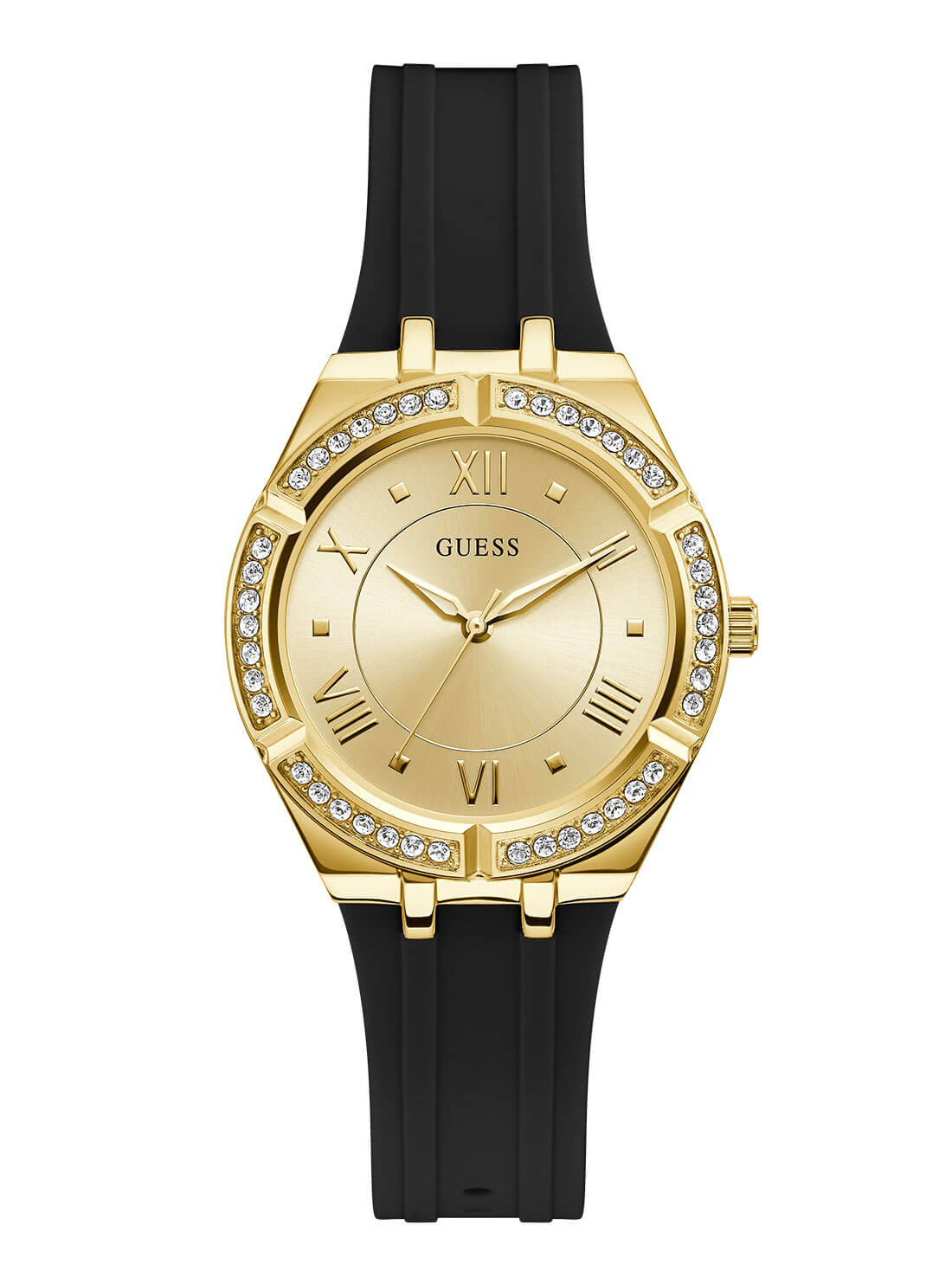 GUESS Women's Black and Gold Cosmo Watch GW0034L1 Front View