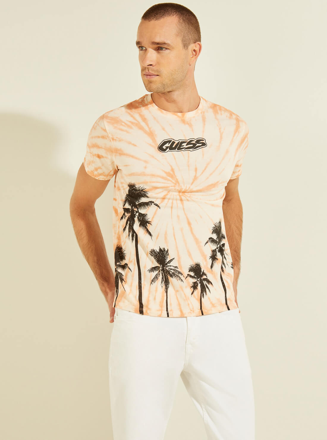 GUESS Mens Eco Orange  Tie-Dye Palms T-Shirt MBGI31R9RM2 Front View
