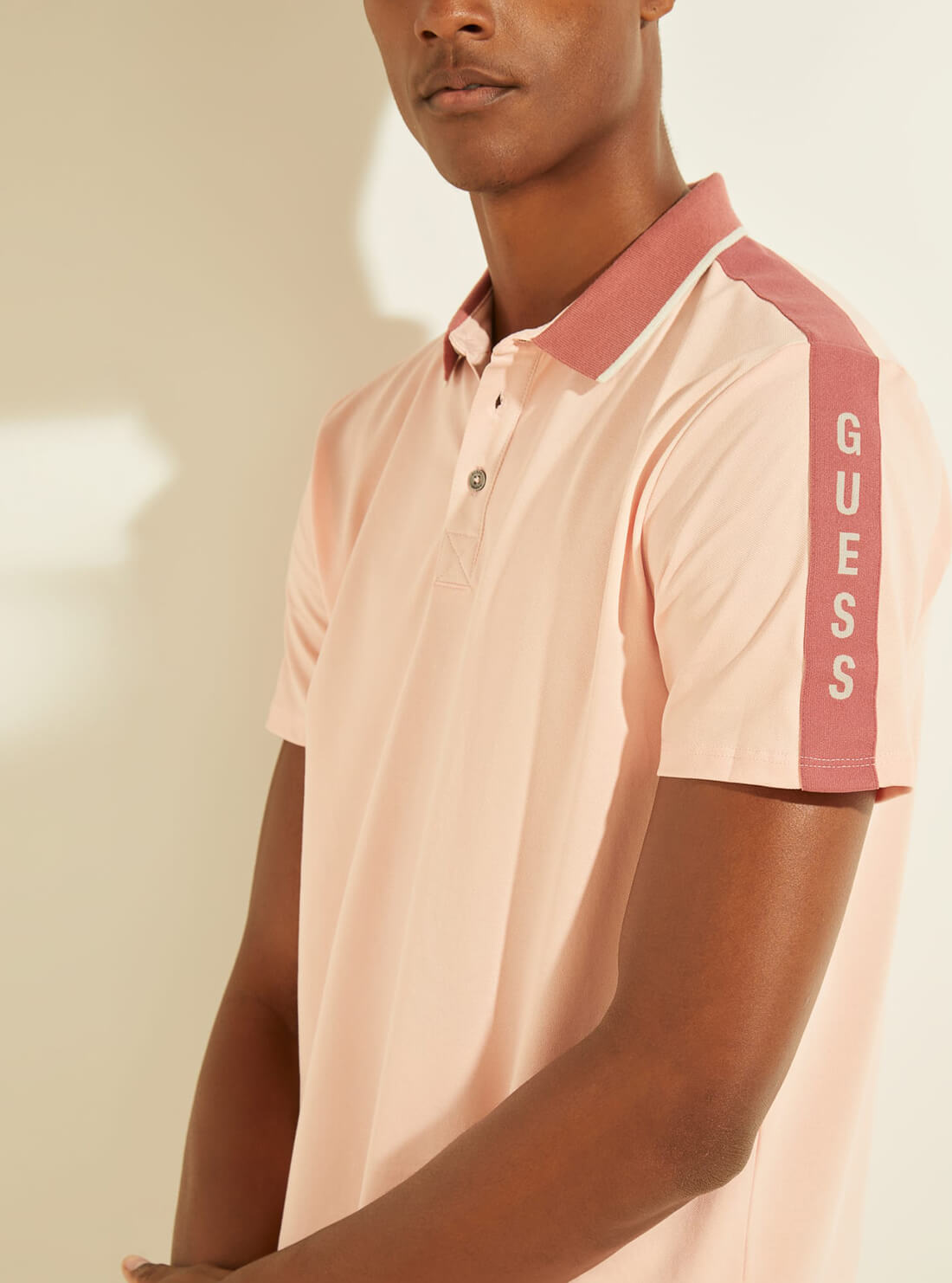GUESS Mens Blossom Pink Pique Logo Taping Polo T-Shirt M91P71R7PU0 Detail View
