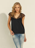 GUESS Womens Black Satin Lace Miranda Top W1YH0HWD8G0 Front View