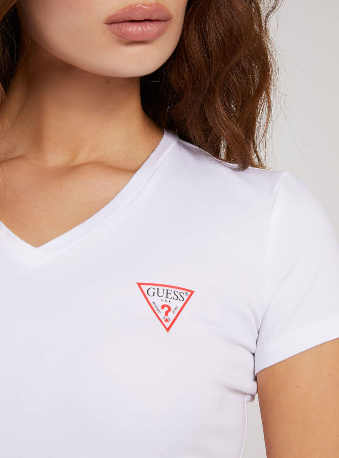 GUESS Womens White V-Neck Logo T-Shirt W1YI1AJ131 Detail View